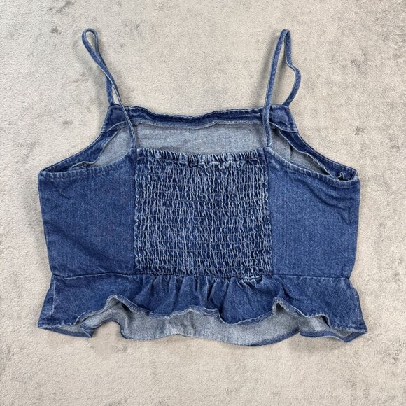 American Eagle Denim Ruffle Hem Cami Crop Top Smocked Back Y2K It-Girl Retro L - Picture 3 of 8
